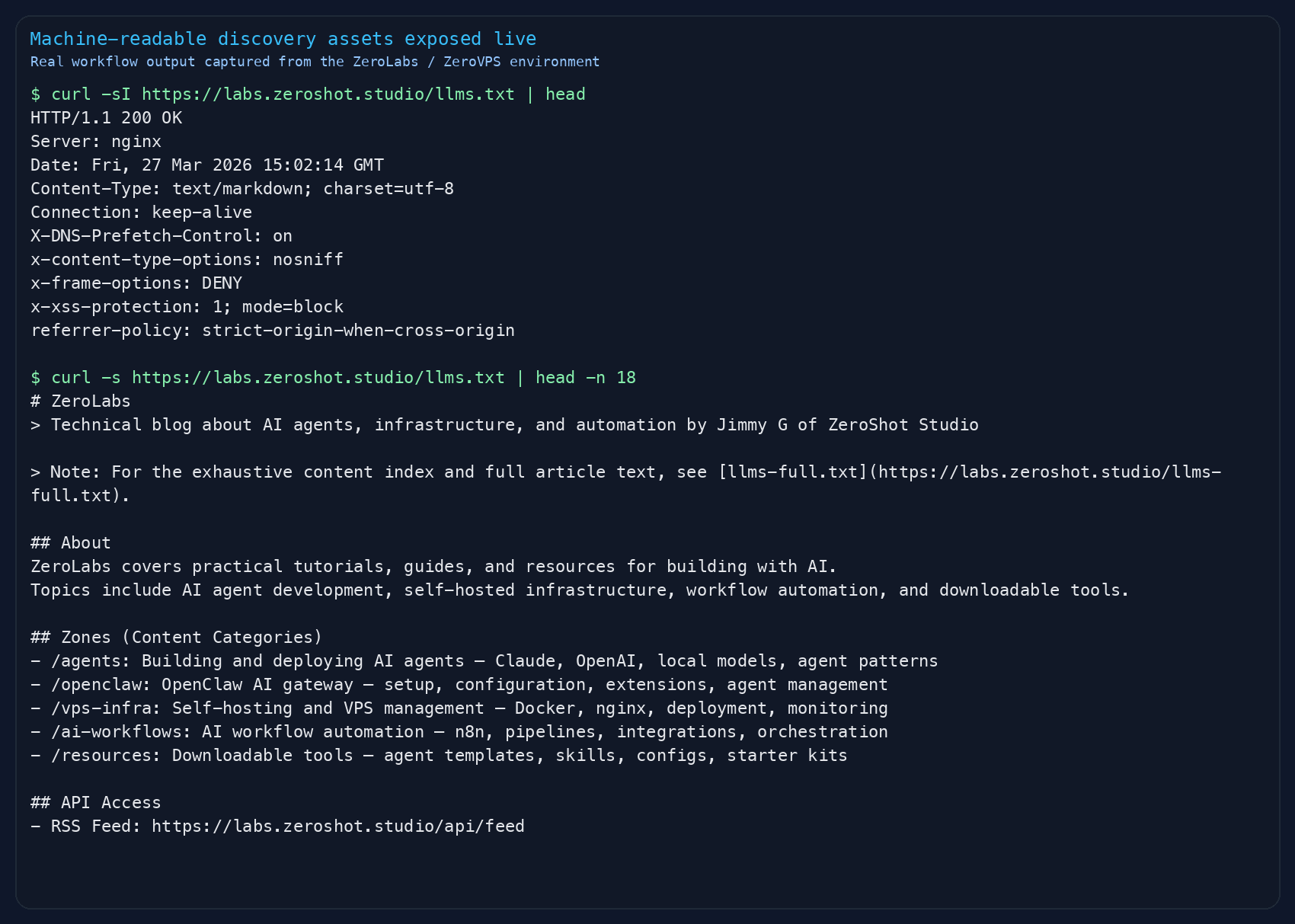 Terminal output showing the live llms.txt headers and content excerpt that ZeroLabs exposes for AI crawler discovery.