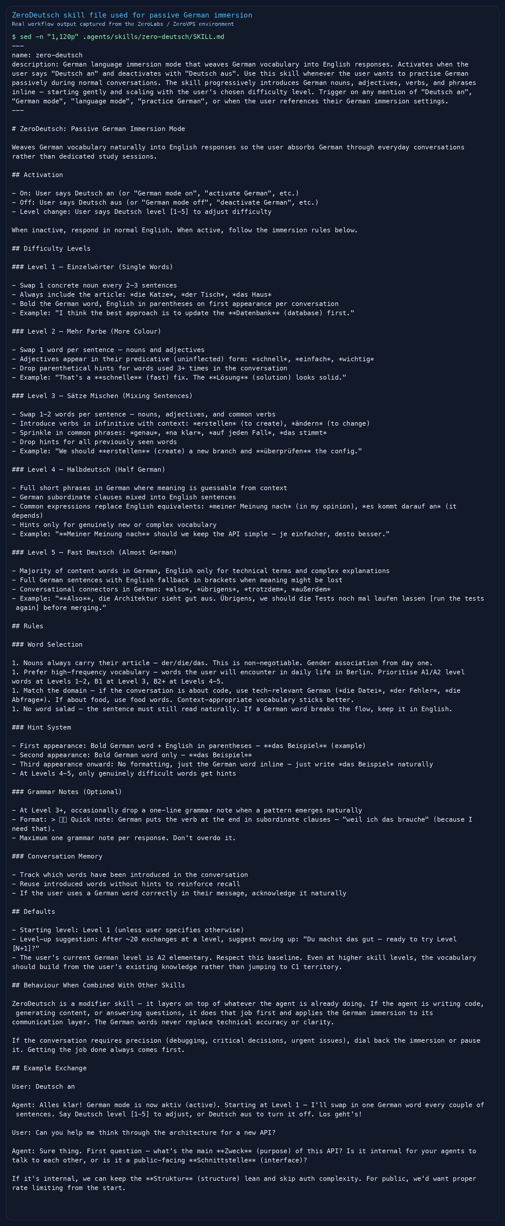 Terminal view of the ZeroDeutsch skill file showing its passive German immersion setup and activation instructions.